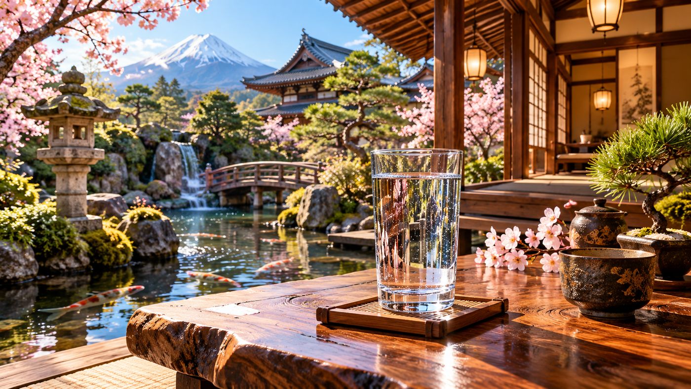 Стакан воды на деревянном столе в японском саду с видом на Фудзи